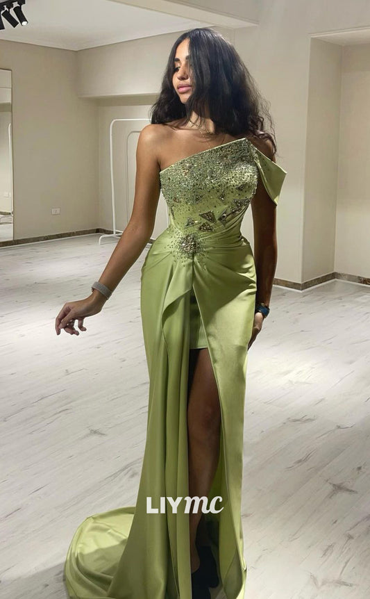 LP804 - Asymmertical Heavy Beads Side Slit Mermaid Formal Evening Dress