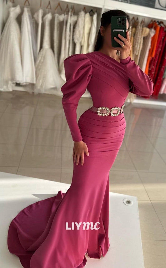 LP802 - Asymmertical Draped Long Sleeves Mermaid Long Formal Evening Dress