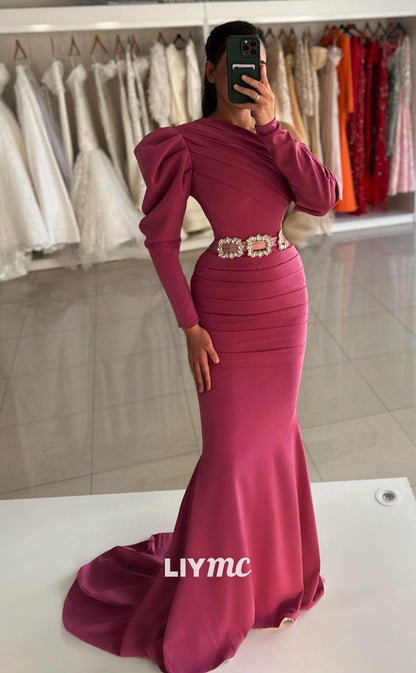 LP802 - Asymmertical Draped Long Sleeves Mermaid Long Formal Evening Dress