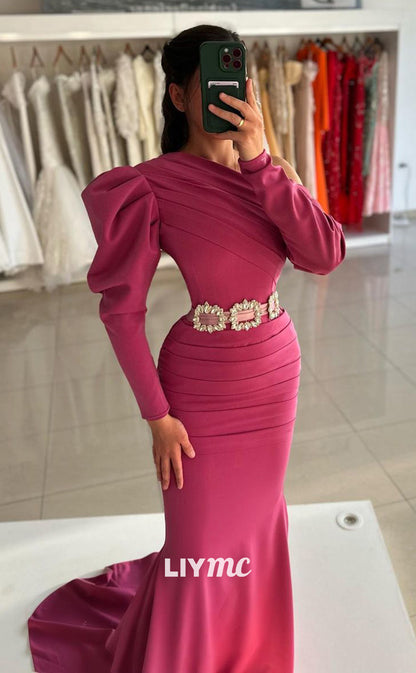 LP802 - Asymmertical Draped Long Sleeves Mermaid Long Formal Evening Dress