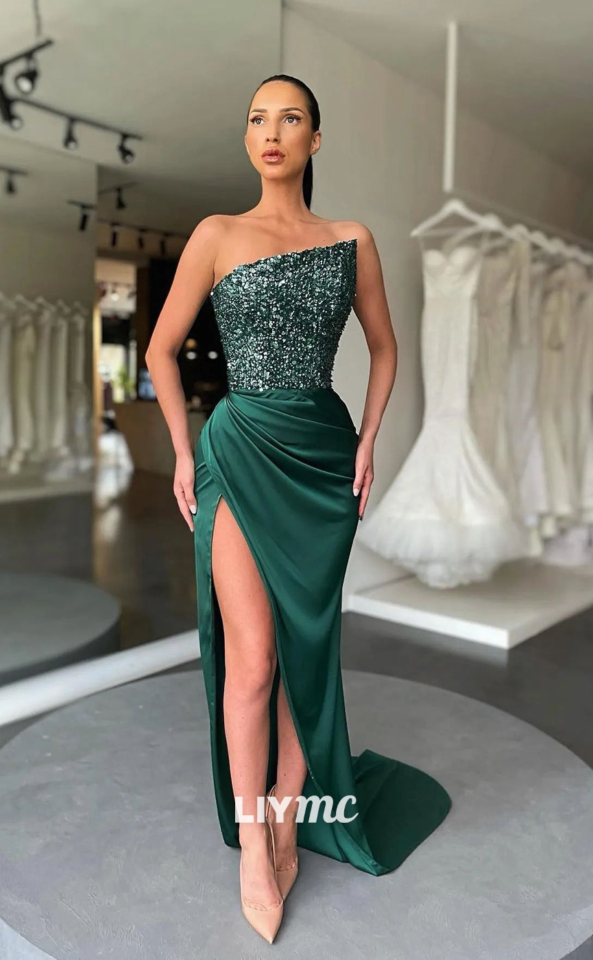 LP1105 - Asymmetrical Satin Draped Mermaid Formal Prom Dress with Slit