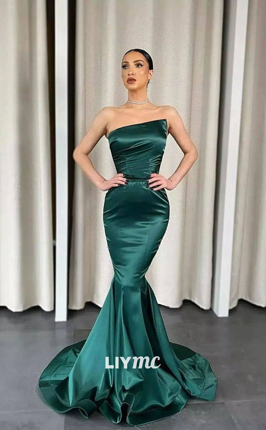 LP1113 - Asymmetrical Satin Ruched Mermaid Long Formal Prom Dress