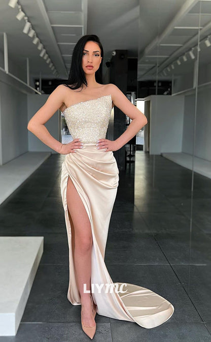 LP1106 - Asymmetrical Satin Draped Mermaid Formal Prom Dress with Slit