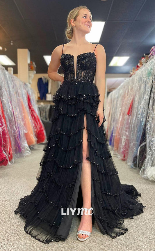 LP1197 - A Line Illusion V Neck Lace Appliques Black Formal Prom Dress with Slit