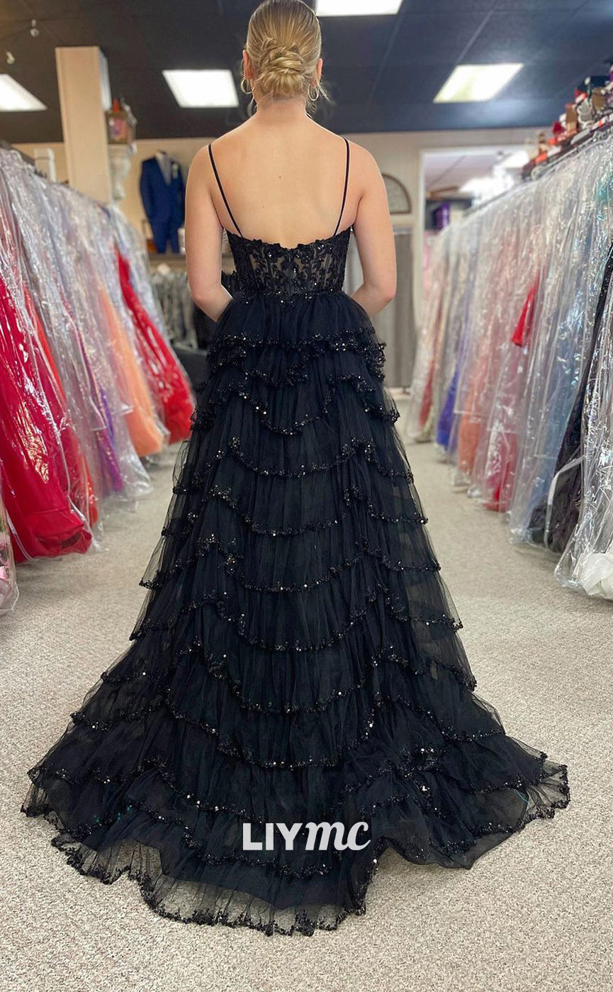 LP1197 - A Line Illusion V Neck Lace Appliques Black Formal Prom Dress with Slit