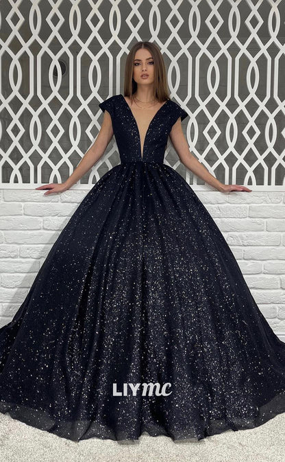 LP1093 - Illusion Deep V neck Sparkly Black Formal Prom Dress