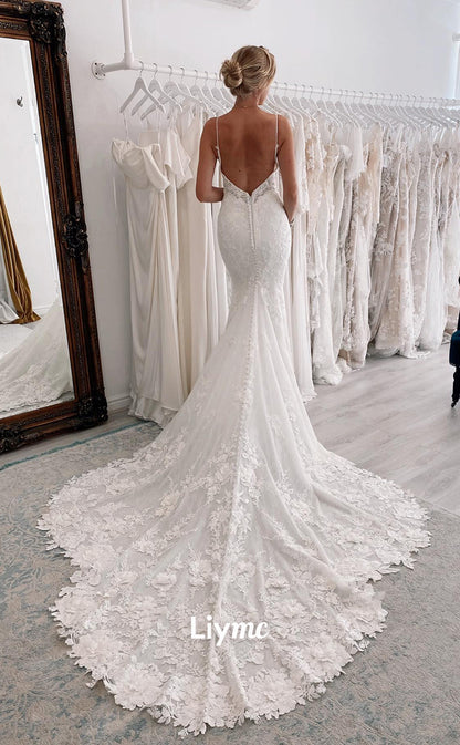 LW026 - Romantic Lace Wedding Dress Deep V neck Mermaid Wedding Gown