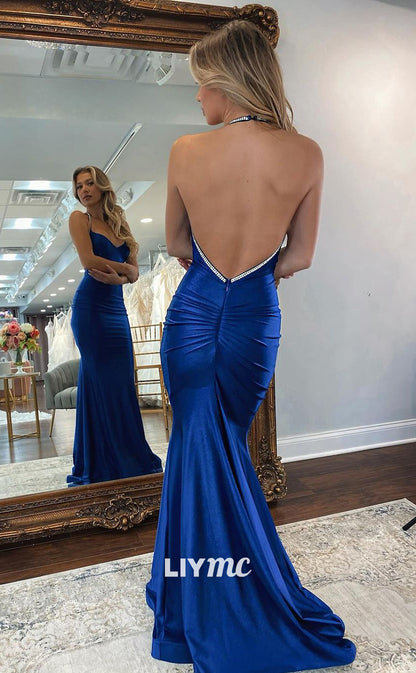 LP1178 - Halter V Neck Satin Draped Mermaid Formal Prom Dress