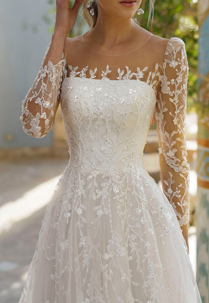 Square Long Sleeves Appliques Ball Gown Wedding Dress