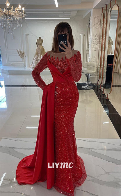 LP1170 - Illusion V Neck Beads Long Sleeves Mermaid Formal Evening Dress