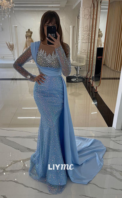 LP1170 - Illusion V Neck Beads Long Sleeves Mermaid Formal Evening Dress