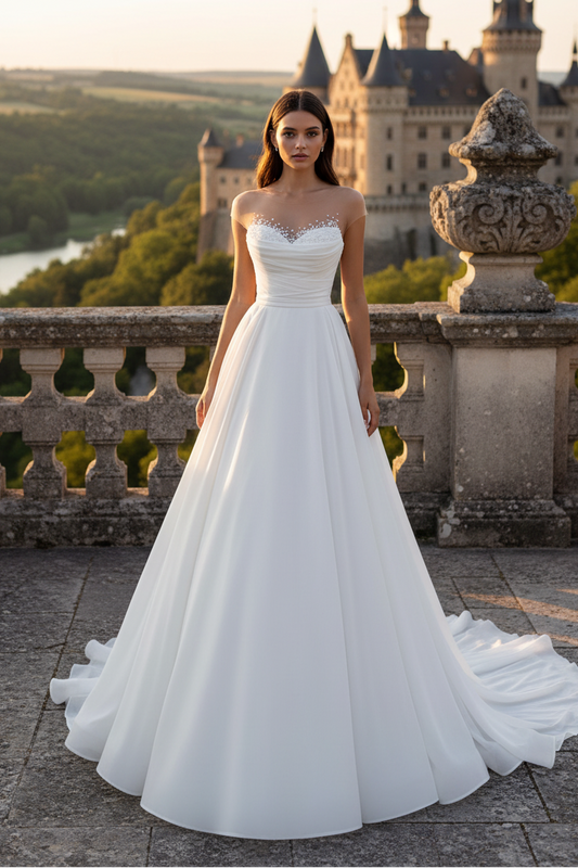 LW012 - A Line Illusion Neckline Beads Organza Simple Wedding Dress