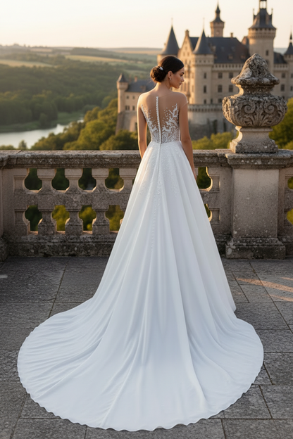 LW012 - A Line Illusion Neckline Beads Organza Simple Wedding Dress