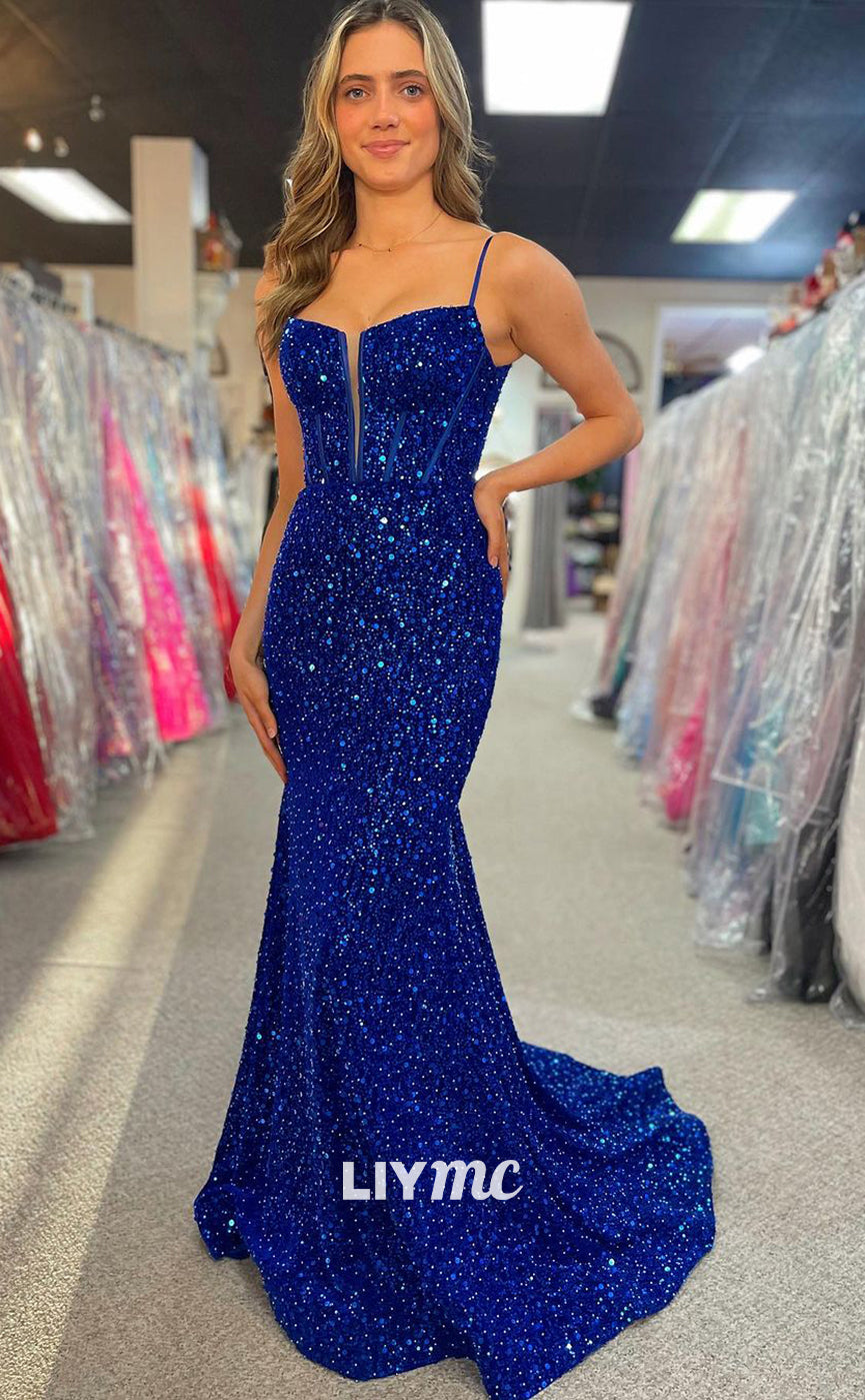 LP1191 - Plunging V Neck Fully Sequins Sparkly Formal Prom Dress