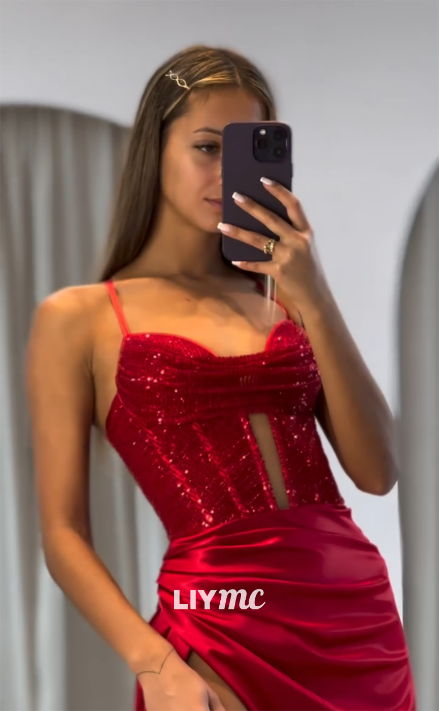 LP1173 - Spaghetti Straps Draped Red Mermaid Formal Prom Dress with Slit