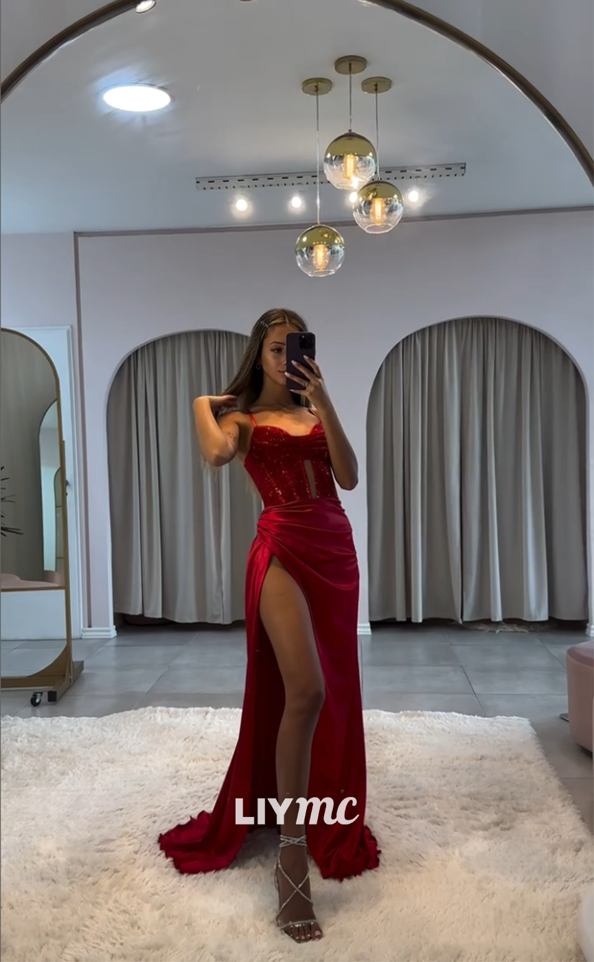 LP1173 - Spaghetti Straps Draped Red Mermaid Formal Prom Dress with Slit