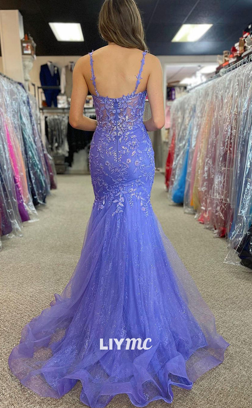 LP1192 - Plunging Illusion V Neck Lace Appliques Mermaid Prom Party Dress