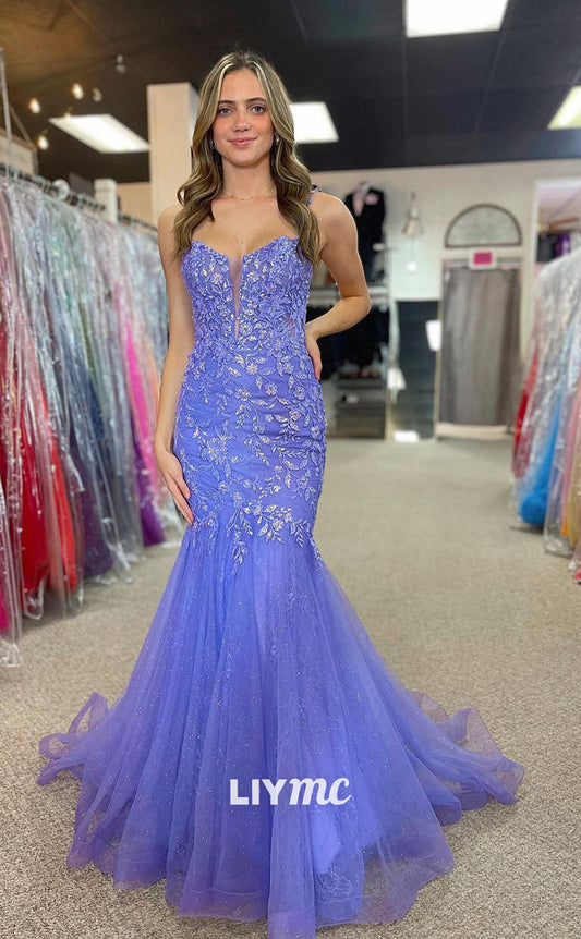 LP1180 - Illusion V Neck Lace Appliques Mermaid Prom Party Dress