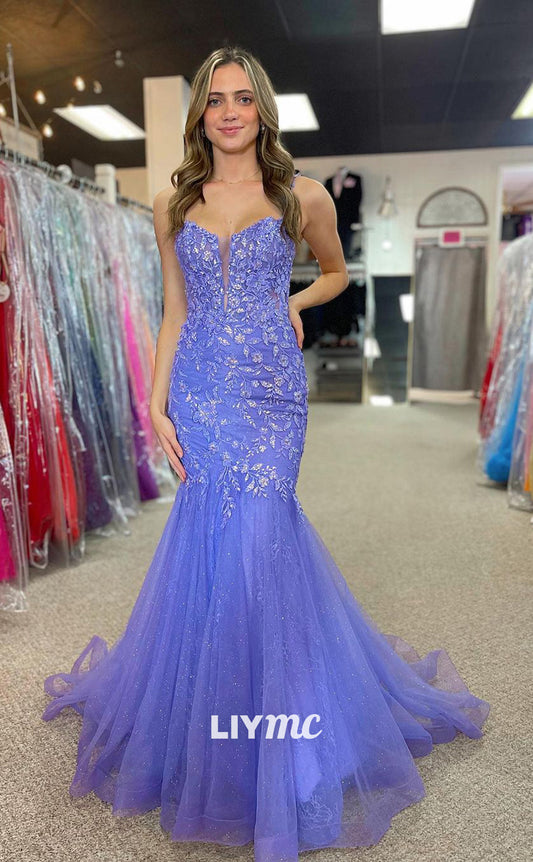 LP1192 - Plunging Illusion V Neck Lace Appliques Mermaid Prom Party Dress