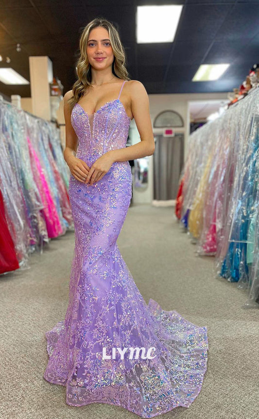 LP1186 - Plunging Illusion V Neck Lace Mermaid Formal Prom Dress