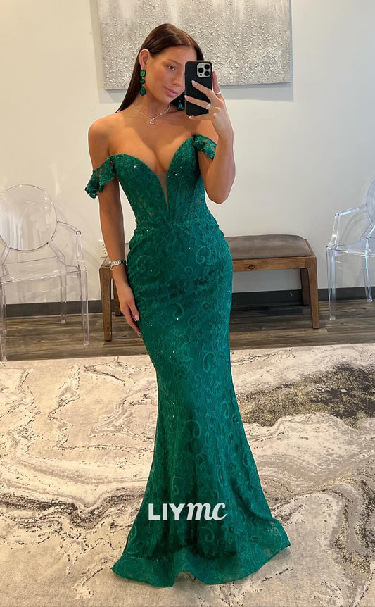 LP1080 - Off Shoulder Illusion V Neck Lace Mermaid Formal Prom Dress