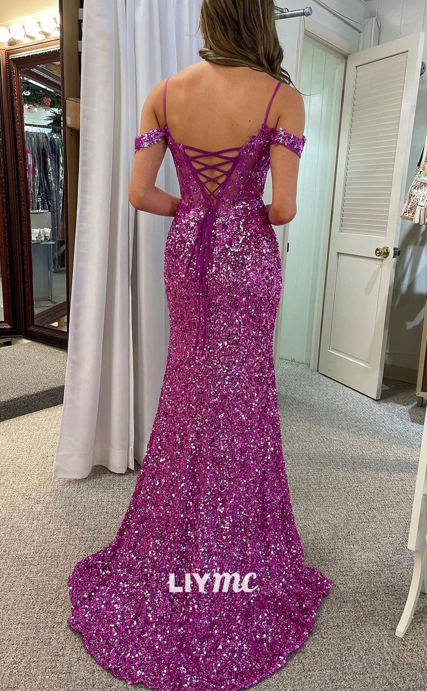 LP1187 - Illusion V Neck Sequins Appliques Mermaid Prom Party Dress with Slit