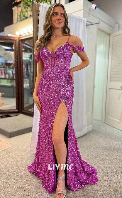 LP1187 - Illusion V Neck Sequins Appliques Mermaid Prom Party Dress with Slit