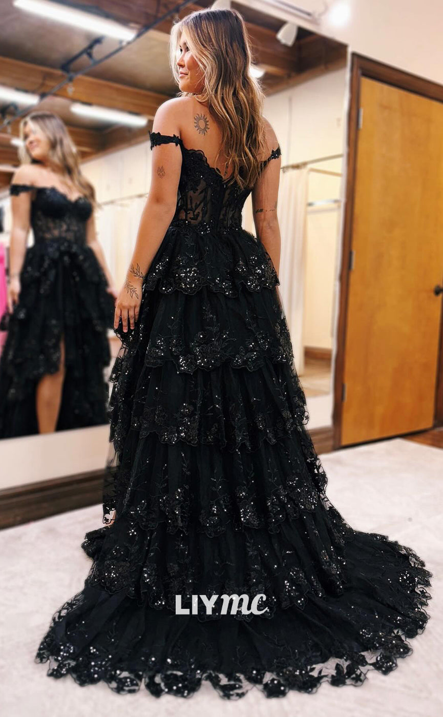 LP812 - Off Shoulder Sequins Appliques A Line Long Formal Prom Dress with Slit