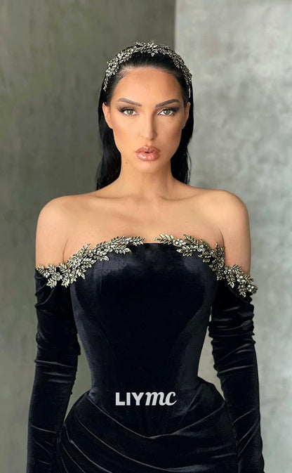 LP1114 - Off Shoulder Beads Black Velvet Ruched Long Sleeves Mermiad Formal Prom Dress