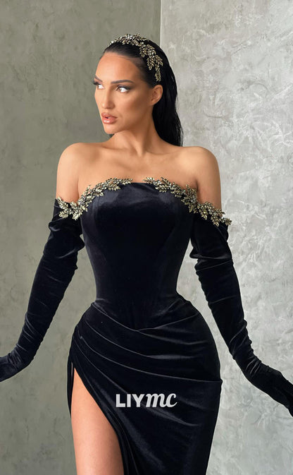 LP1114 - Off Shoulder Beads Black Velvet Ruched Long Sleeves Mermiad Formal Prom Dress