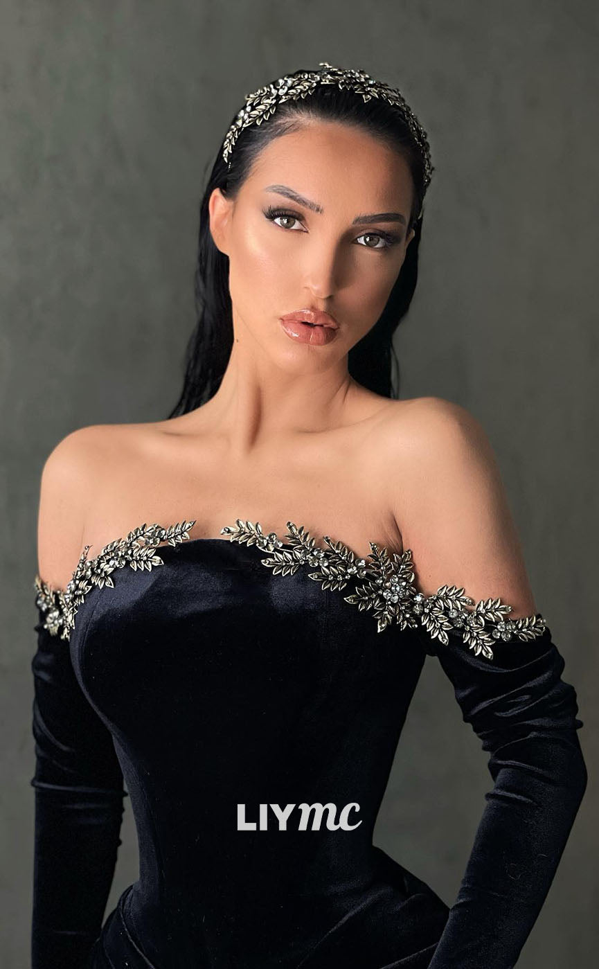 LP1114 - Off Shoulder Beads Black Velvet Ruched Long Sleeves Mermiad Formal Prom Dress