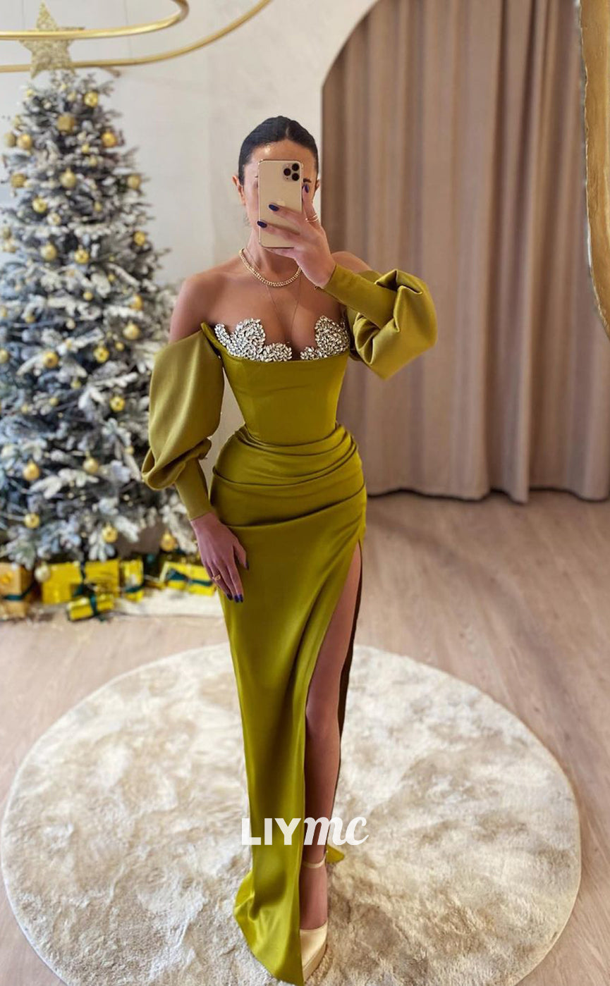 LP785 - Off Shoulder Beads Satin Draped Long Formal Prom Dress with Slit