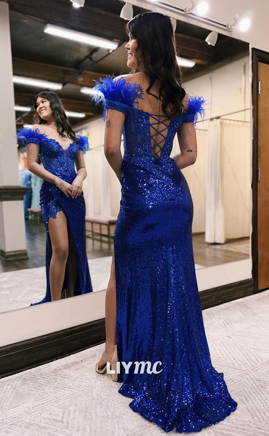 LP1046 - Plunging Illusion V Neck Feathers Appliques Mermaid Prom Party Dress with Slit