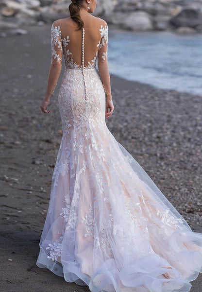 Off-Shoulder Half Sleeves Appliques Mermaid Wedding Dress