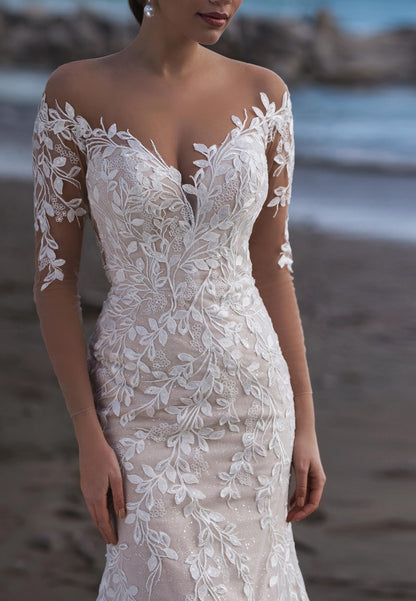 Off-Shoulder Half Sleeves Appliques Mermaid Wedding Dress