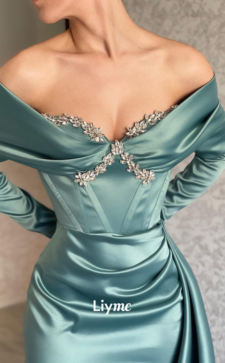 LP133 - Unique Off Shoulder Beads Long Sleeves Mermaid Formal Evening Gowns