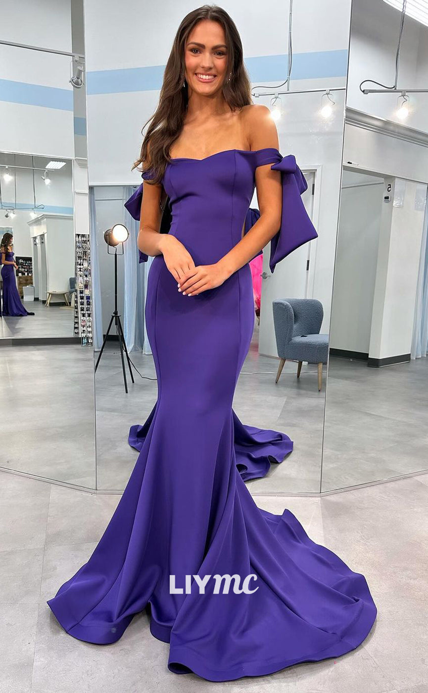 LP854 - Off Shoulder Purple Mermaid Long Formal Prom Dress