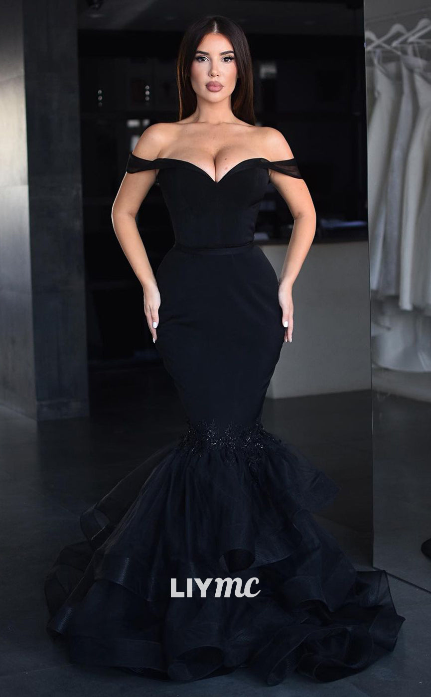 LP1143 - Off Shoulder Appliques Mermaid Black Formal Prom Dress