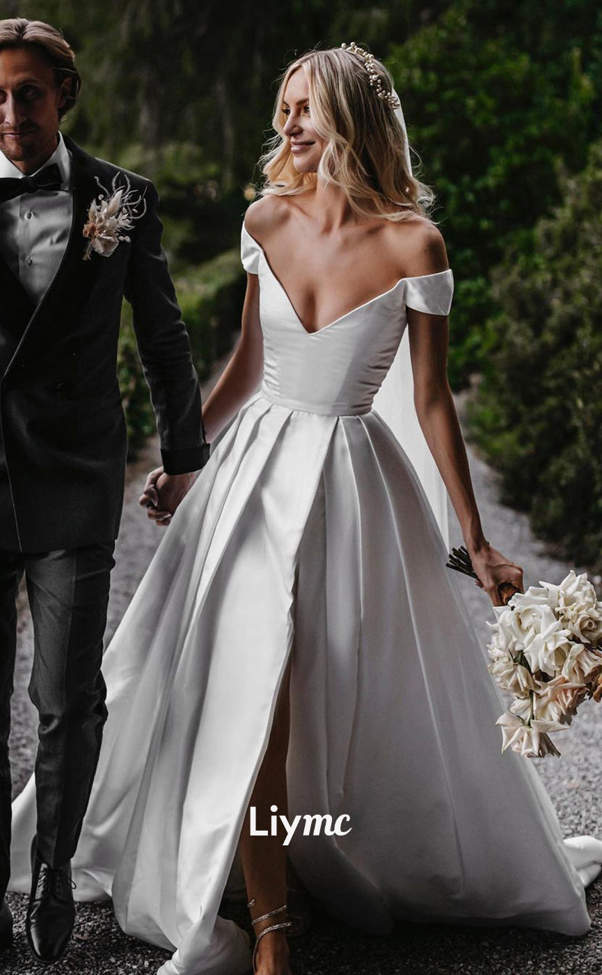 LW031 - A Line Off Shoulder Satin Wedding Dress with Slit