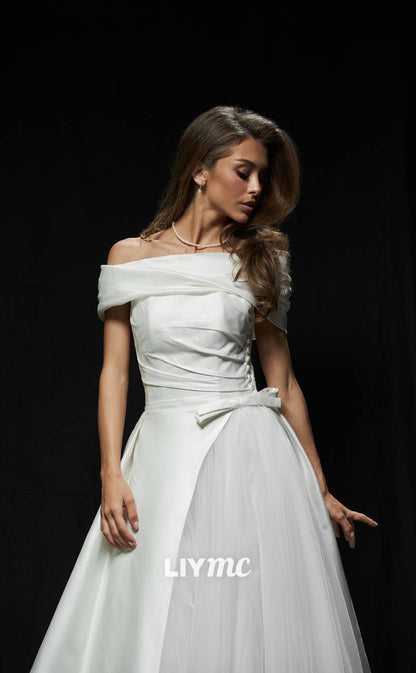 LW243 - A Line Off Shoulder Ruched Satin Tulle Long Wedding Dress