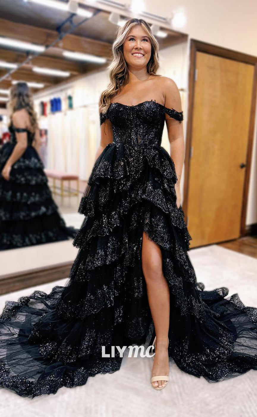 LP1032 - A Line Off Shoulder Sequins Lace Long Formal Prom Dress with Slit