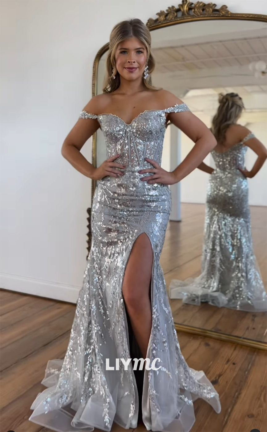 LP1130 - Unique Off Shoulder Sequins Lace Mermaid Prom Dress with Slit