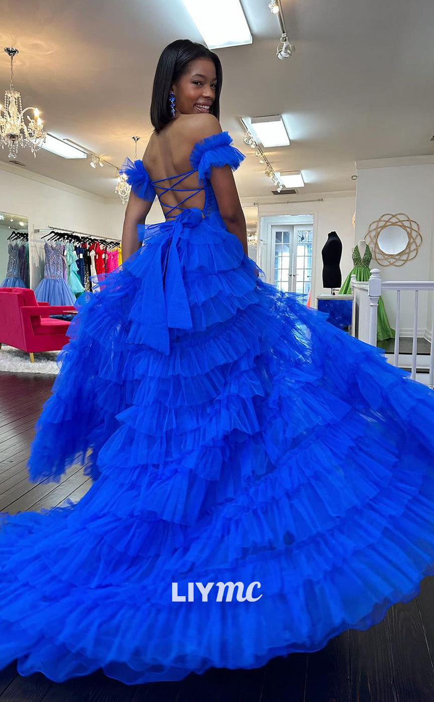 LP1149 - A Line Off Shoulder Tulle Ruffles Long Formal Prom Dress with Slit