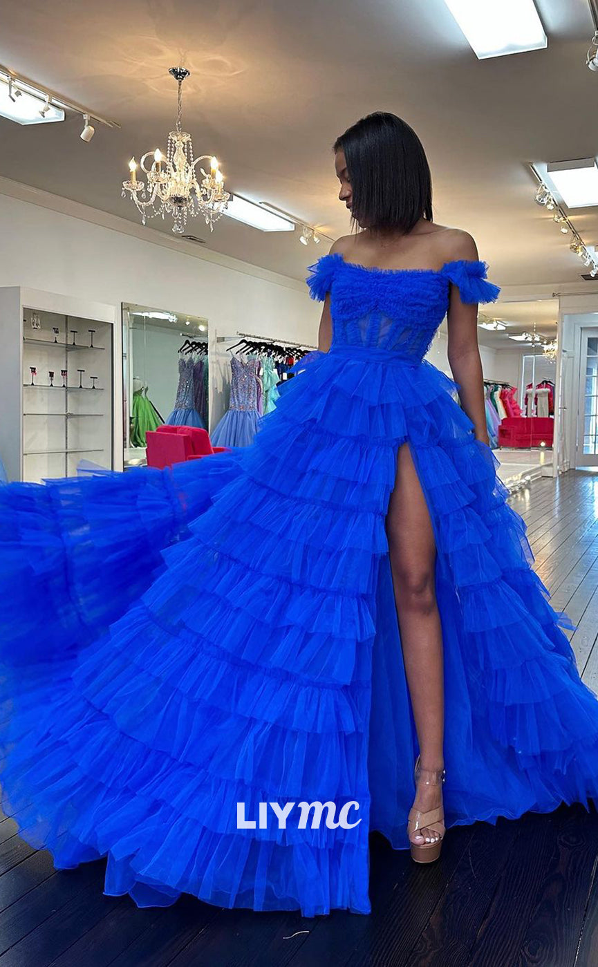 LP1149 - A Line Off Shoulder Tulle Ruffles Long Formal Prom Dress with Slit