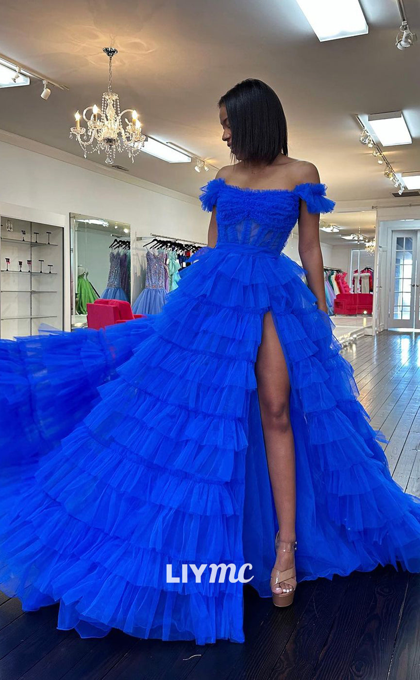 LP1149 - A Line Off Shoulder Tulle Ruffles Long Formal Prom Dress with Slit