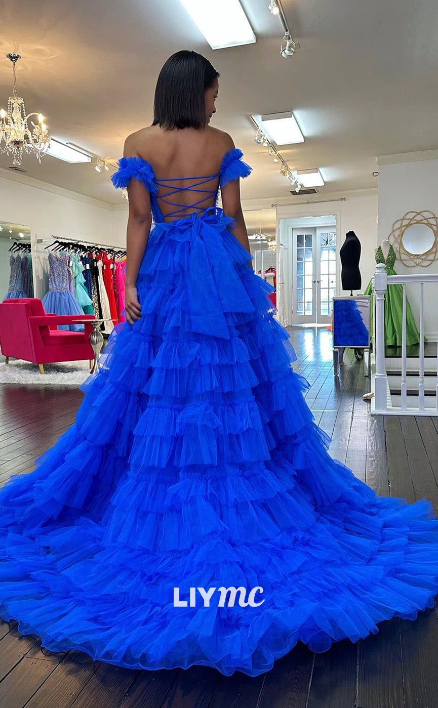 LP1149 - A Line Off Shoulder Tulle Ruffles Long Formal Prom Dress with Slit