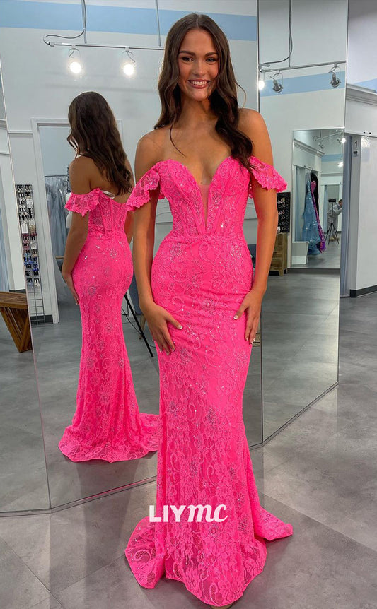 LP857 - Plunging V neck Pink Lace Mermaid Long Semi Formal Prom Dress