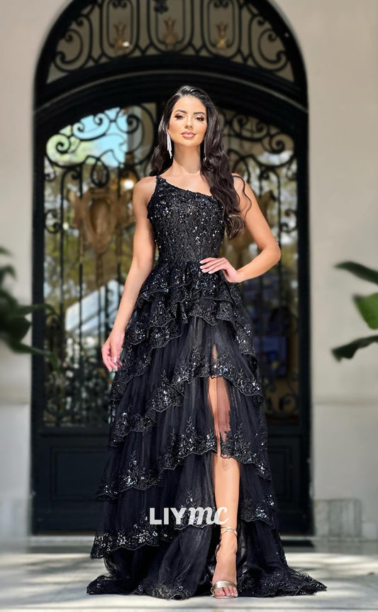 LP981 - A Line One Shoulder Sequins Appliques Black Long Formal Prom Dress with Slit