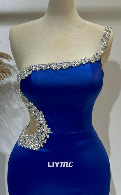 LP975 - One Shoulder Beads Mermaid Semi Formal Prom Dress