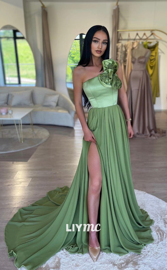 LP872 - A line One Shoulder Flower Long Formal Prom Dress with Slit